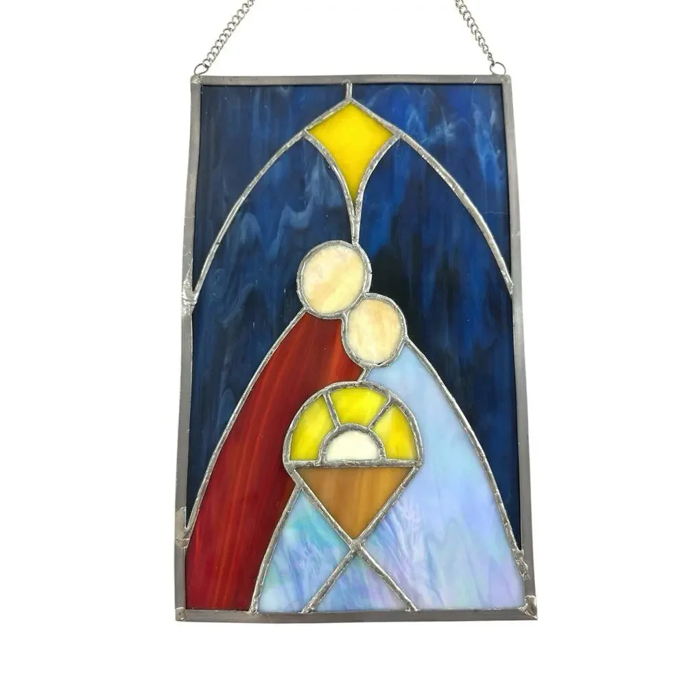 Vintage Stained Glass Nativity Suncatcher Holy Family Jesus Bethlehem Star 19”